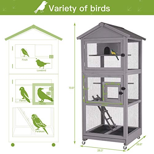 GUTINNEEN Outdoor Bird Aviary Wooden Large Bird Cage on Wheels, Featuring Play Stand, Perches, Nest Habitat, Include Wire Mesh Above Bottom Tray Easy to Clean