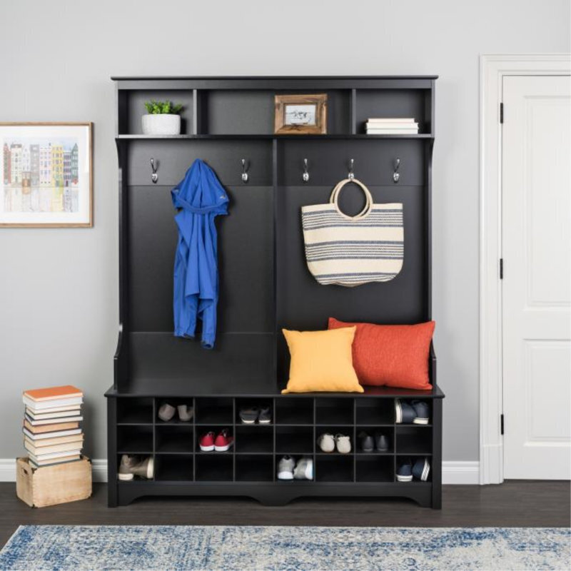 Black/Natural Entryway Hall Tree and Shoe Storage Bench