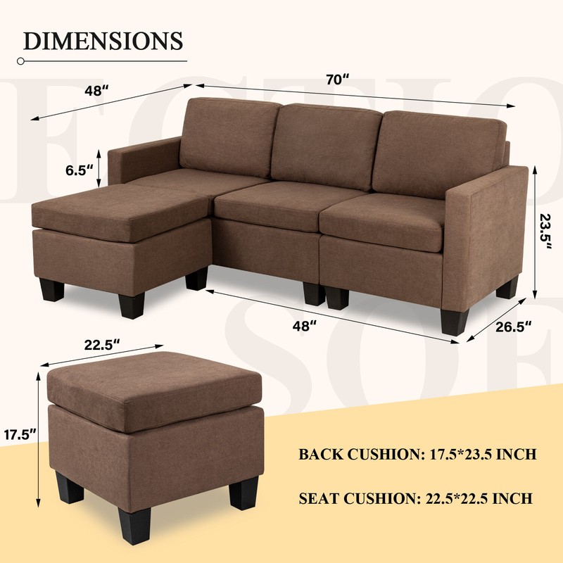 Hankinson 72" Wide Cotton Reversible Sofa & Chaise with Ottoman