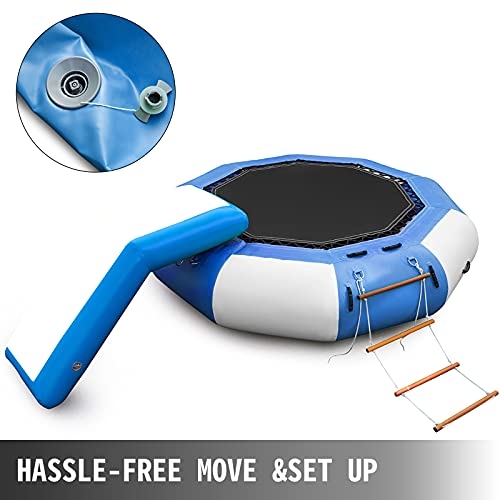 Happybuy Inflatable Water Trampoline 10ft , Round Inflatable Water Bouncer with Yellow Escalator and 4-Step Ladder, Water Trampoline in Blue and White for Water Sports.