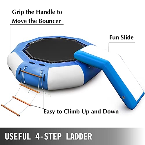 Happybuy Inflatable Water Trampoline 10ft , Round Inflatable Water Bouncer with Yellow Escalator and 4-Step Ladder, Water Trampoline in Blue and White for Water Sports.