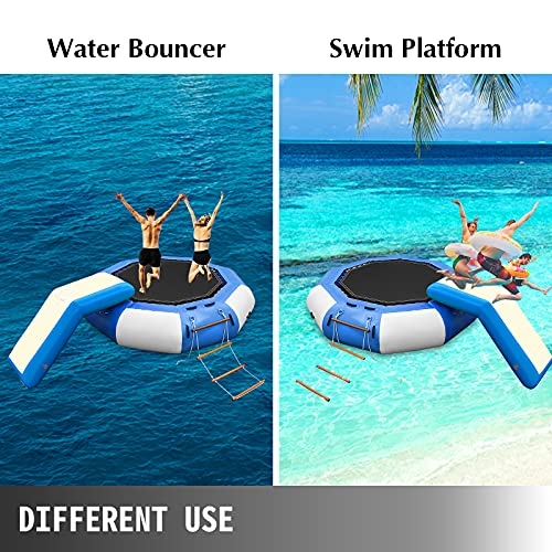 Happybuy Inflatable Water Trampoline 10ft , Round Inflatable Water Bouncer with Yellow Escalator and 4-Step Ladder, Water Trampoline in Blue and White for Water Sports.