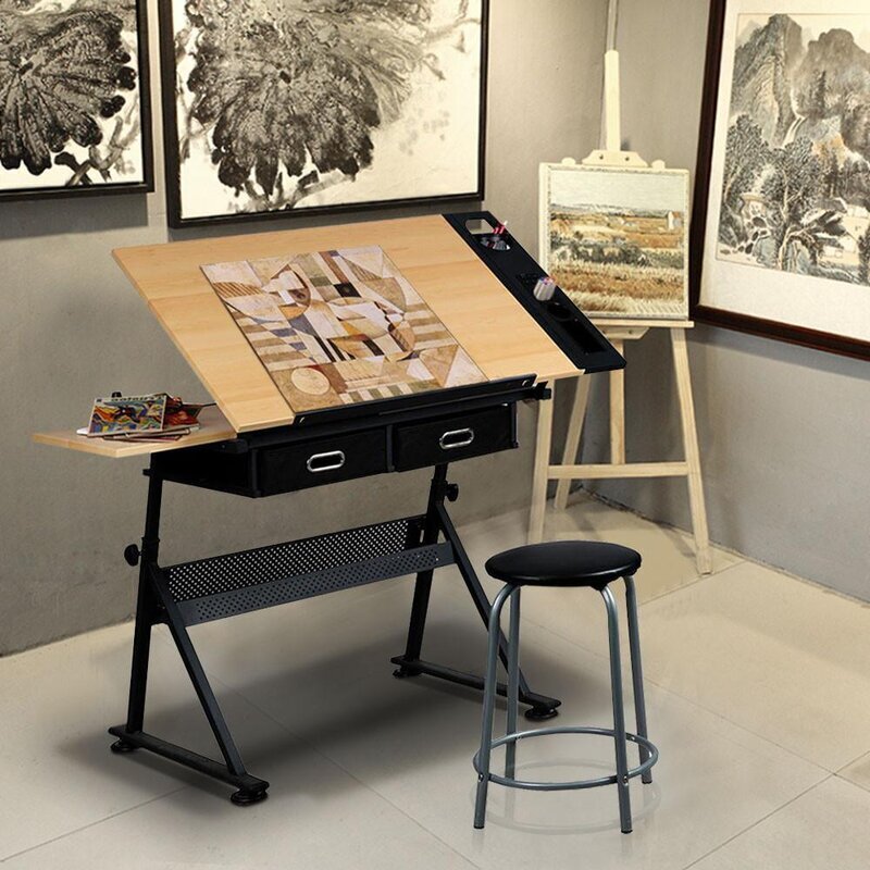 Height Adjustable Drafting Desk With Drawers