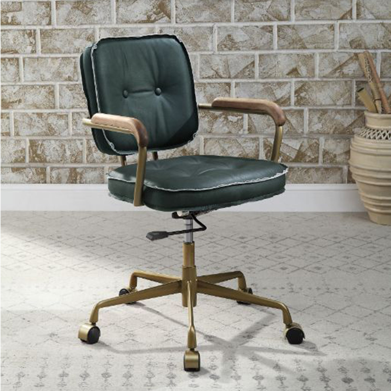 Height adjustable green leather office chair