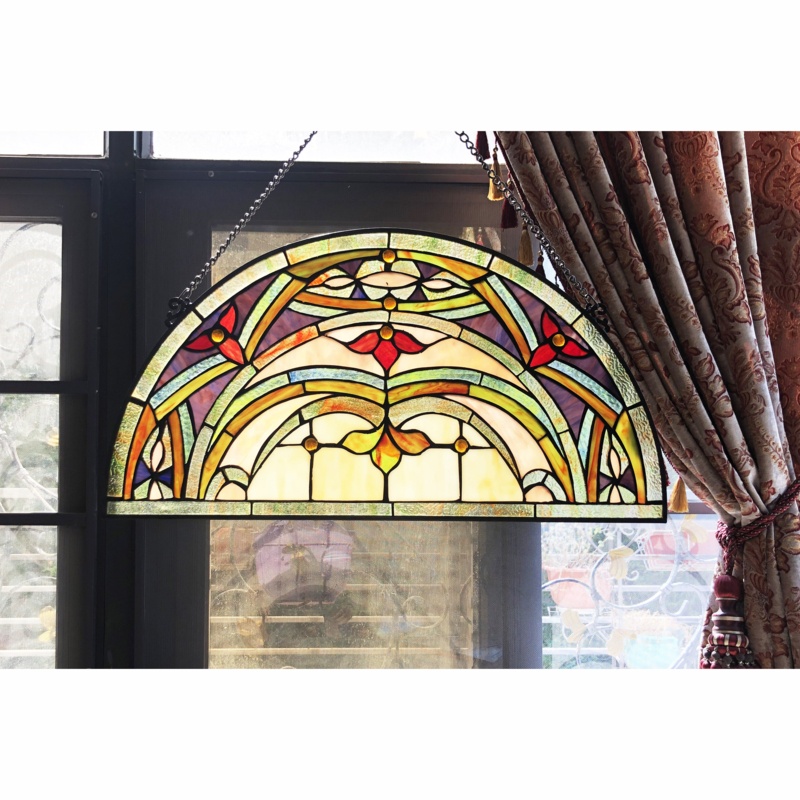 Semi-circle Victorian Stained Glass Window Panel