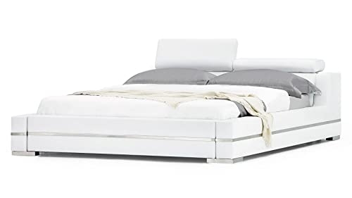 Hera Genuine White Leather Platform Bed with Adjustable Headrests - Queen