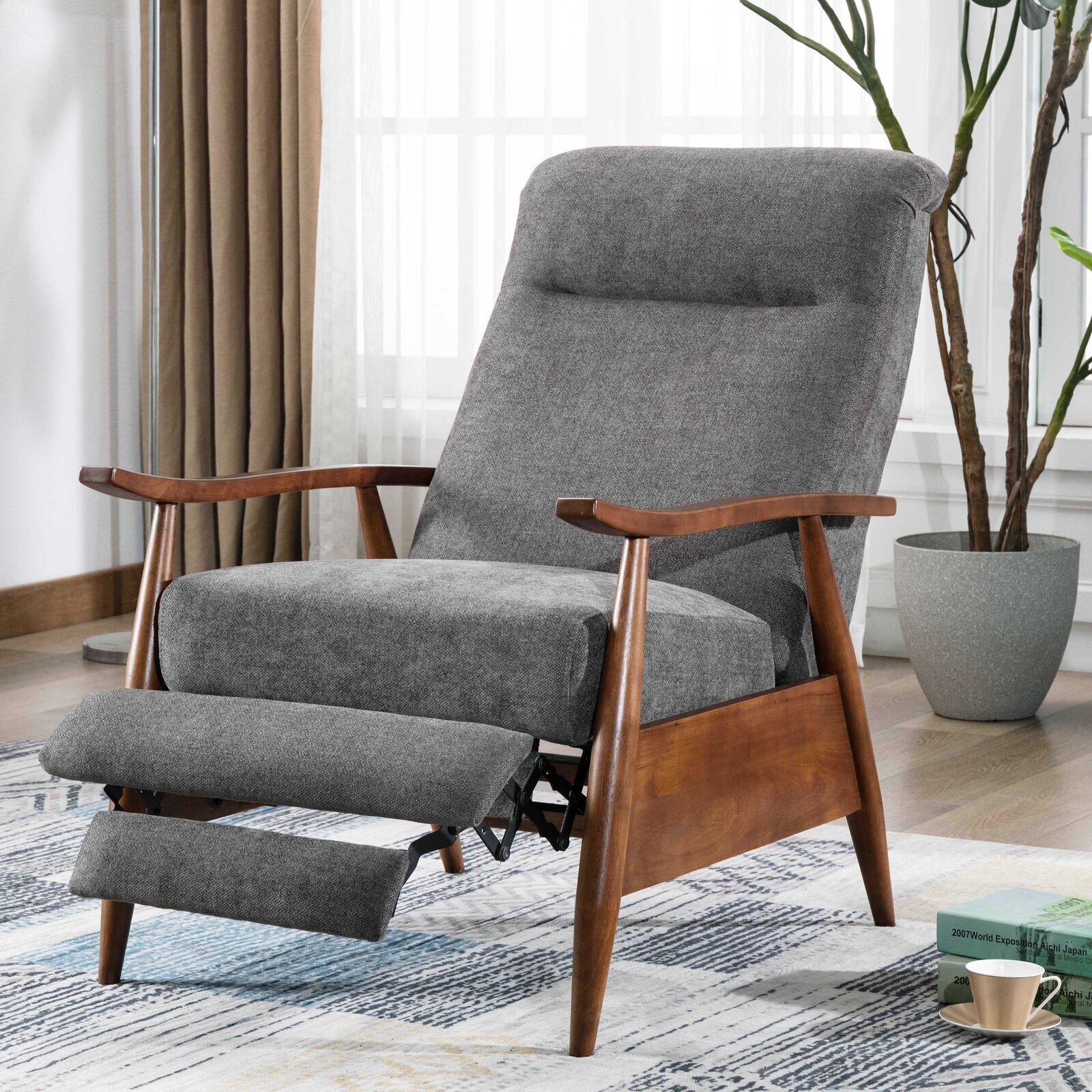 High Recliner Chair With Wooden Frame