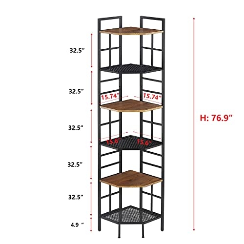 Homissue 6 Tier Industrial Corner Shelf Unit, 76.9” Tall Corner Bookcase Storage Display Organizer Storage Stand for Home Office