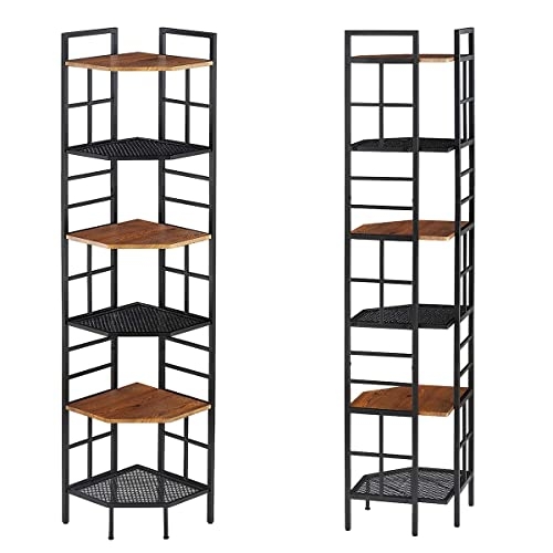 Homissue 6 Tier Industrial Corner Shelf Unit, 76.9” Tall Corner Bookcase Storage Display Organizer Storage Stand for Home Office