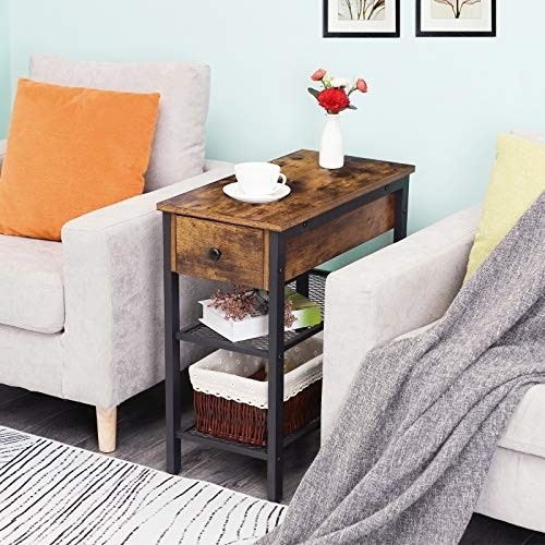 HOOBRO Side Table, Industrial End Table with Drawer and 2 Open Mesh Shelves, Narrow Nightstand for Small Spaces, Bedroom, Living Room, Office, Space Saving, Stable Metal Frame, Rustic Brown BF44BZ01