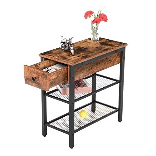 HOOBRO Side Table, Industrial End Table with Drawer and 2 Open Mesh Shelves, Narrow Nightstand for Small Spaces, Bedroom, Living Room, Office, Space Saving, Stable Metal Frame, Rustic Brown BF44BZ01