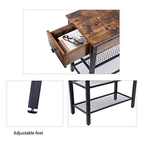 HOOBRO Side Table, Industrial End Table with Drawer and 2 Open Mesh Shelves, Narrow Nightstand for Small Spaces, Bedroom, Living Room, Office, Space Saving, Stable Metal Frame, Rustic Brown BF44BZ01