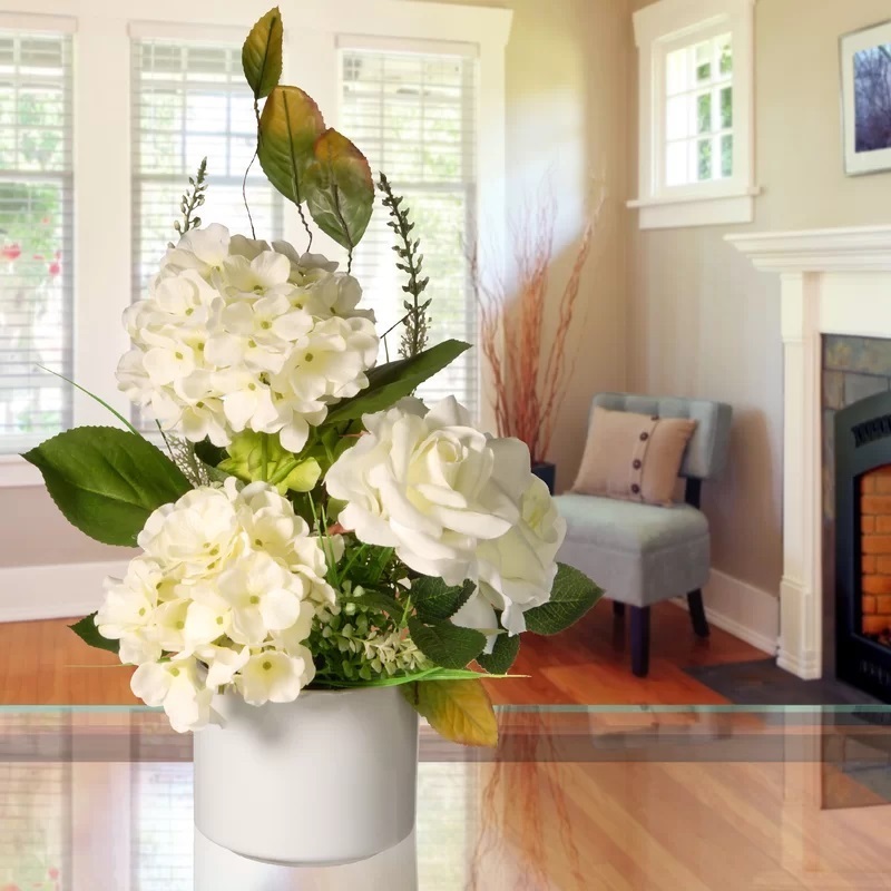 Hydrangea and Roses Tall Artificial Flower Arrangements For Home