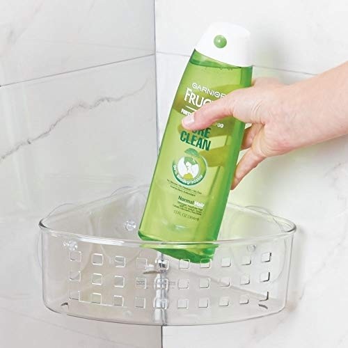 iDesign Plastic Bathroom Suction Holder, Shower Organizer Corner Basket for Sponges, Scrubbers, Soap, Shampoo, Conditioner, 9" x 7" x 3.5", Clear