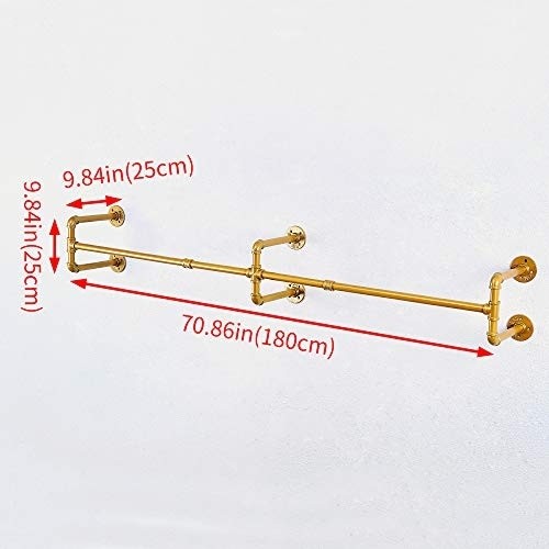 Industrial Pipe Clothing Rack Wall Mounted,Vintage Retail Garment Rack Display Rack Cloths Rack,Metal Commercial Clothes Racks for Hanging Clothes,Iron Clothing Rod Laundry Room(70.86in,Gold)
