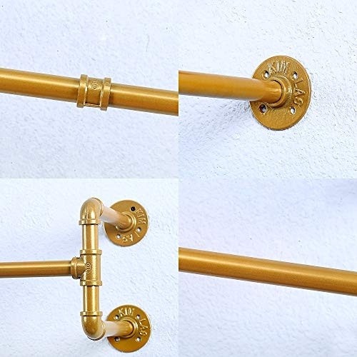 Industrial Pipe Clothing Rack Wall Mounted,Vintage Retail Garment Rack Display Rack Cloths Rack,Metal Commercial Clothes Racks for Hanging Clothes,Iron Clothing Rod Laundry Room(70.86in,Gold)