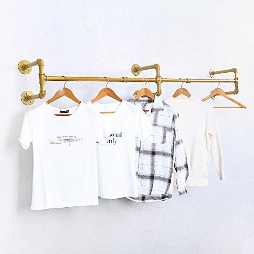 Industrial Pipe Clothing Rack Wall Mounted,Vintage Retail Garment Rack Display Rack Cloths Rack,Metal Commercial Clothes Racks for Hanging Clothes,Iron Clothing Rod Laundry Room(70.86in,Gold)