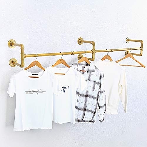 Industrial Pipe Clothing Rack Wall Mounted,Vintage Retail Garment Rack Display Rack Cloths Rack,Metal Commercial Clothes Racks for Hanging Clothes,Iron Clothing Rod Laundry Room(70.86in,Gold)