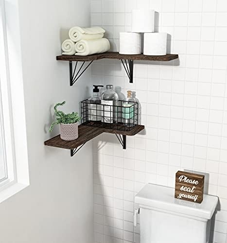 J JACKCUBE DESIGN Corner Shelf Wall Mount Rustic Wood Floating Shelves for Bedroom Living Room Bathroom Kitchen Set of 2 - MK700A