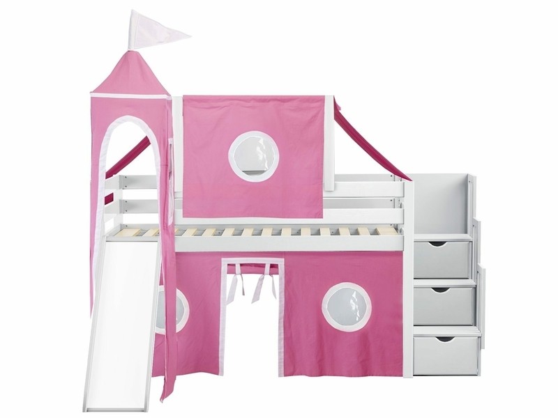 Johannes Twin 3 Drawer Solid Wood Low Loft Bed with Stairway Slide Tent and Tower