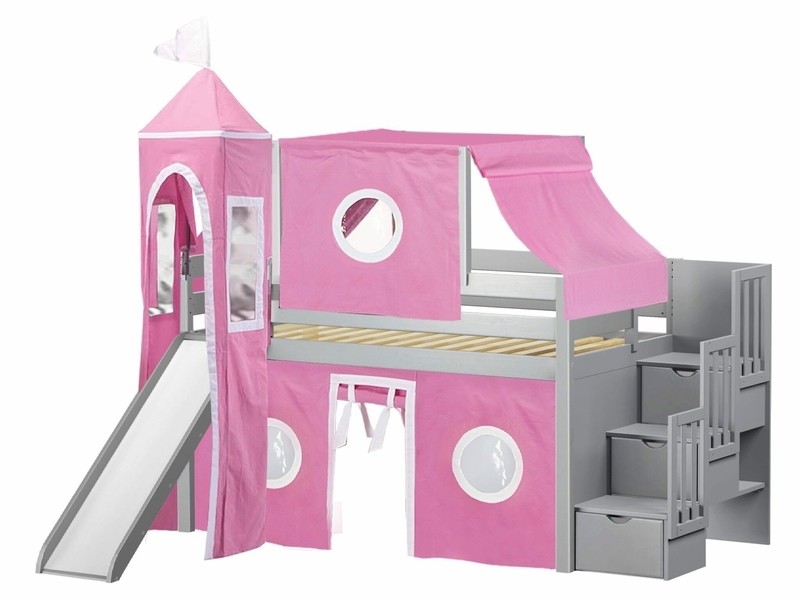 Johannes Twin 3 Drawer Solid Wood Low Loft Bed with Stairway Slide Tent and Tower
