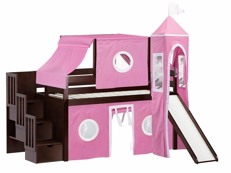 Johannes Twin 3 Drawer Solid Wood Low Loft Bed with Stairway Slide Tent and Tower