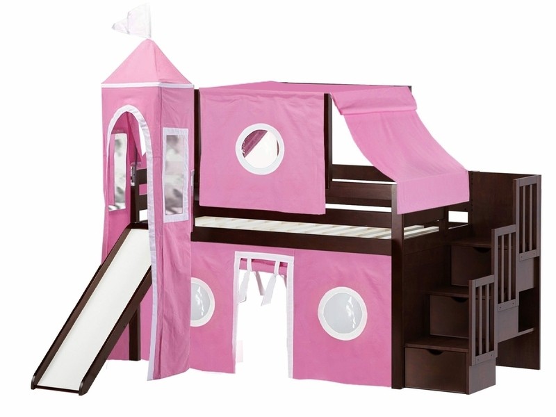 Johannes Twin 3 Drawer Solid Wood Low Loft Bed with Stairway Slide Tent and Tower