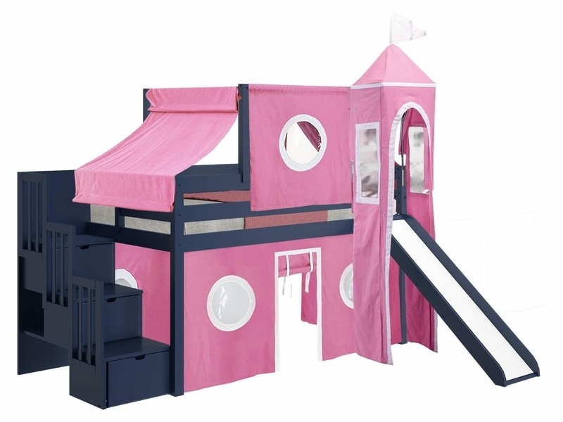 Johannes Twin 3 Drawer Solid Wood Low Loft Bed with Stairway Slide Tent and Tower