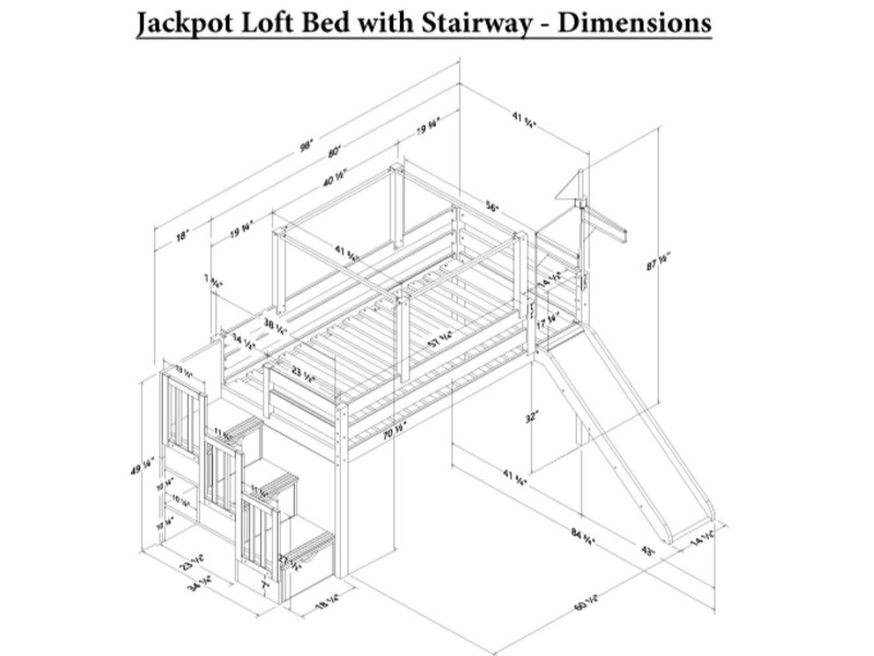 Johannes Twin 3 Drawer Solid Wood Low Loft Bed with Stairway Slide Tent and Tower