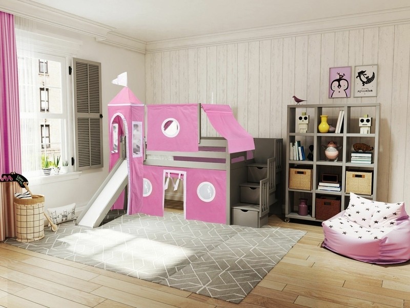 Johannes Twin 3 Drawer Solid Wood Low Loft Bed with Stairway Slide Tent and Tower