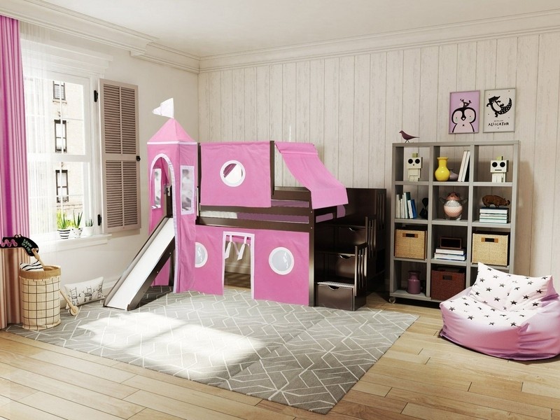 Johannes Twin 3 Drawer Solid Wood Low Loft Bed with Stairway Slide Tent and Tower