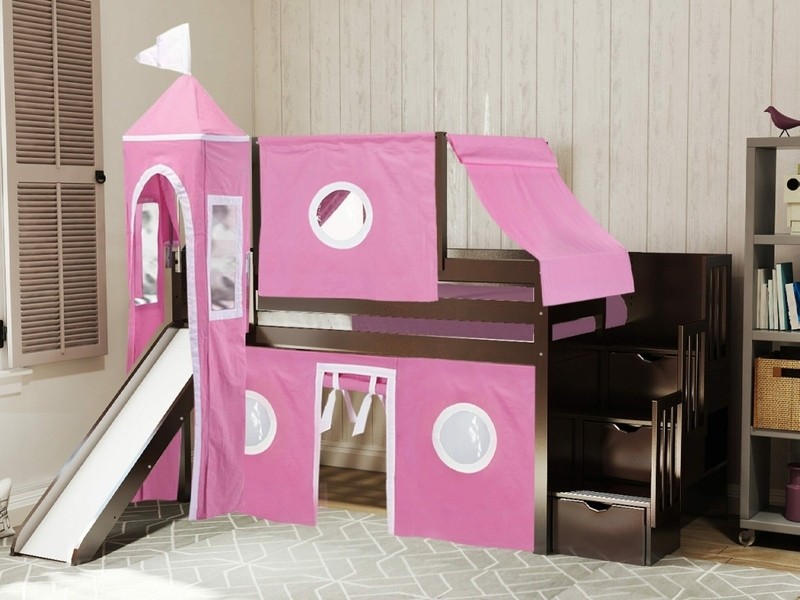 Johannes Twin 3 Drawer Solid Wood Low Loft Bed with Stairway Slide Tent and Tower