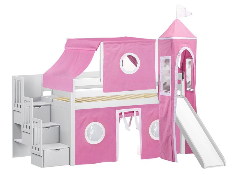 Johannes Twin 3 Drawer Solid Wood Low Loft Bed with Stairway Slide Tent and Tower