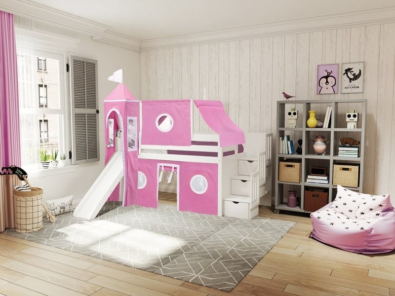 Johannes Twin 3 Drawer Solid Wood Low Loft Bed with Stairway Slide Tent and Tower