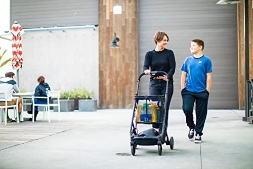Joovy Boot Lightweight Shopping Cart, Holds 70 lbs, with Swivel Wheels, Reusable Shopping Bag, Compact Standing Fold, Silver Frame