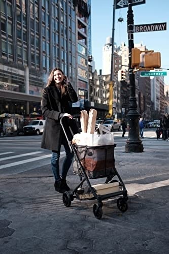 Joovy Boot Lightweight Shopping Cart, Holds 70 lbs, with Swivel Wheels, Reusable Shopping Bag, Compact Standing Fold, Silver Frame