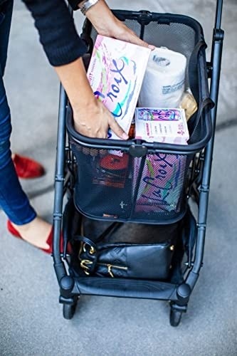 Joovy Boot Lightweight Shopping Cart, Holds 70 lbs, with Swivel Wheels, Reusable Shopping Bag, Compact Standing Fold, Silver Frame