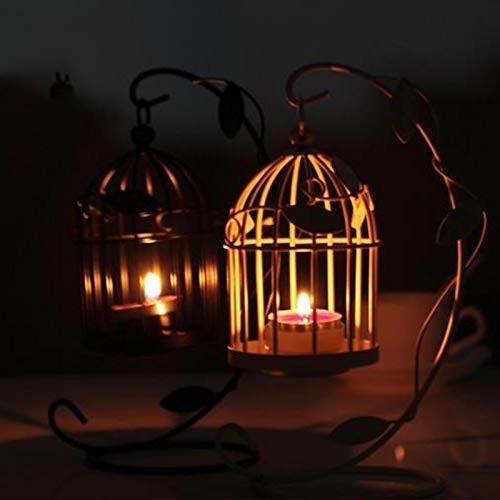 JOUDOO Iron Candle Holder for Pillar Candles, Bird Cage Vintage Style Candlestick Hanging Lantern for Tabletop Candlelight Dinner Party Wedding Centerpiece Home Decor (Black)