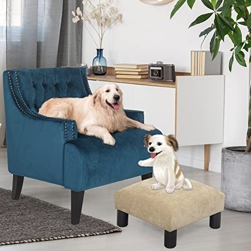 Joveco Ottoman Footrest Stool Small Fabric Square Footstool (Wheat)