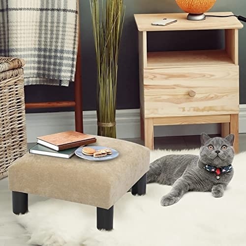 Joveco Ottoman Footrest Stool Small Fabric Square Footstool (Wheat)