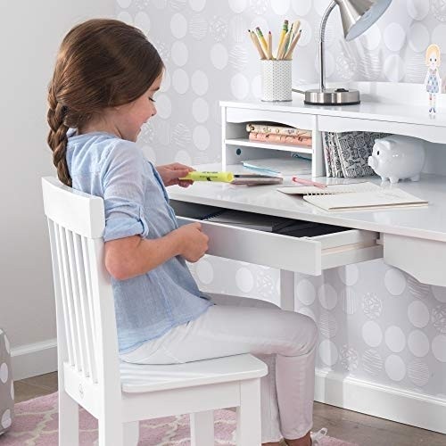 KidKraft Avalon Wooden Children's Desk with Hutch, Chair and Storage, White, Gift for Ages 5-10