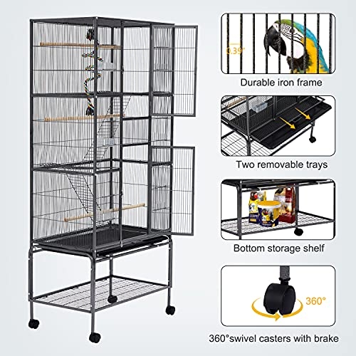 Kinpaw Large Flight Bird Cage - 70” Wrought Iron Bird House with Climbing Rope Bungee Birds Toy Rolling Stand Castors Feeding Bowl for Parrot Cockatiel Finch Pet Supplies Black