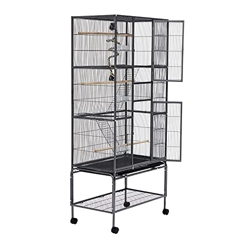 Kinpaw Large Flight Bird Cage - 70” Wrought Iron Bird House with Climbing Rope Bungee Birds Toy Rolling Stand Castors Feeding Bowl for Parrot Cockatiel Finch Pet Supplies Black