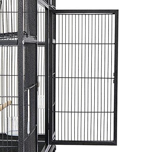 Kinpaw Large Flight Bird Cage - 70” Wrought Iron Bird House with Climbing Rope Bungee Birds Toy Rolling Stand Castors Feeding Bowl for Parrot Cockatiel Finch Pet Supplies Black