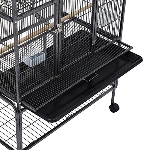 Kinpaw Large Flight Bird Cage - 70” Wrought Iron Bird House with Climbing Rope Bungee Birds Toy Rolling Stand Castors Feeding Bowl for Parrot Cockatiel Finch Pet Supplies Black