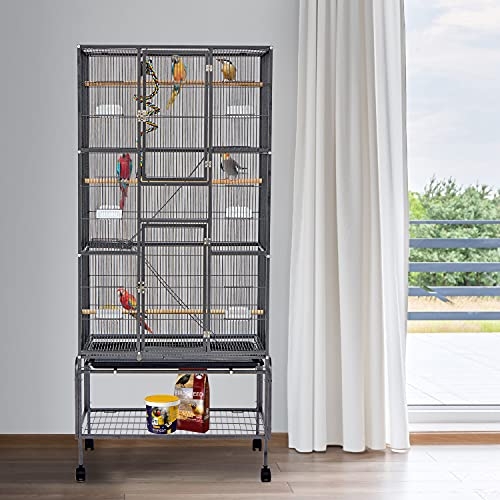 Kinpaw Large Flight Bird Cage 70” Wrought Iron Bird House with Climbing Rope Bungee Birds Toy Rolling Stand Castors Feeding Bowl for Parrot Cockatiel Finch Pet Supplies Black 