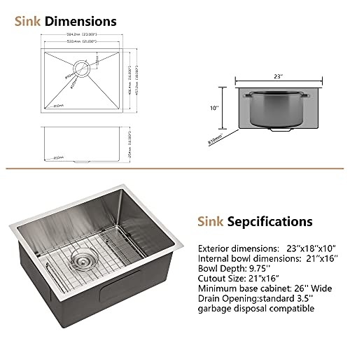 Kitchen Sink Undermout, Dcolora 23 Inch Undermount Sink Stainless Steel 16 Gauge R10 Round Corner Single Bowl Kitchen Sink Bar Prep Basin (23"x18"x10")