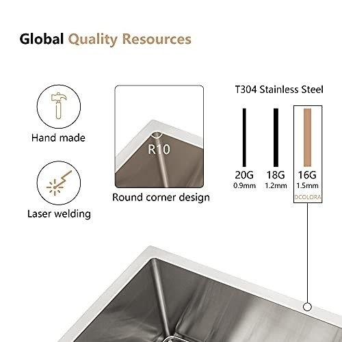Kitchen Sink Undermout, Dcolora 23 Inch Undermount Sink Stainless Steel 16 Gauge R10 Round Corner Single Bowl Kitchen Sink Bar Prep Basin (23"x18"x10")