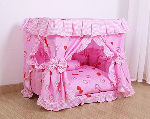 Kolachic Princess Pink Strawberry Pet Dog Cat Handmade Bed House+1 Candy Pillow Canopy (M)