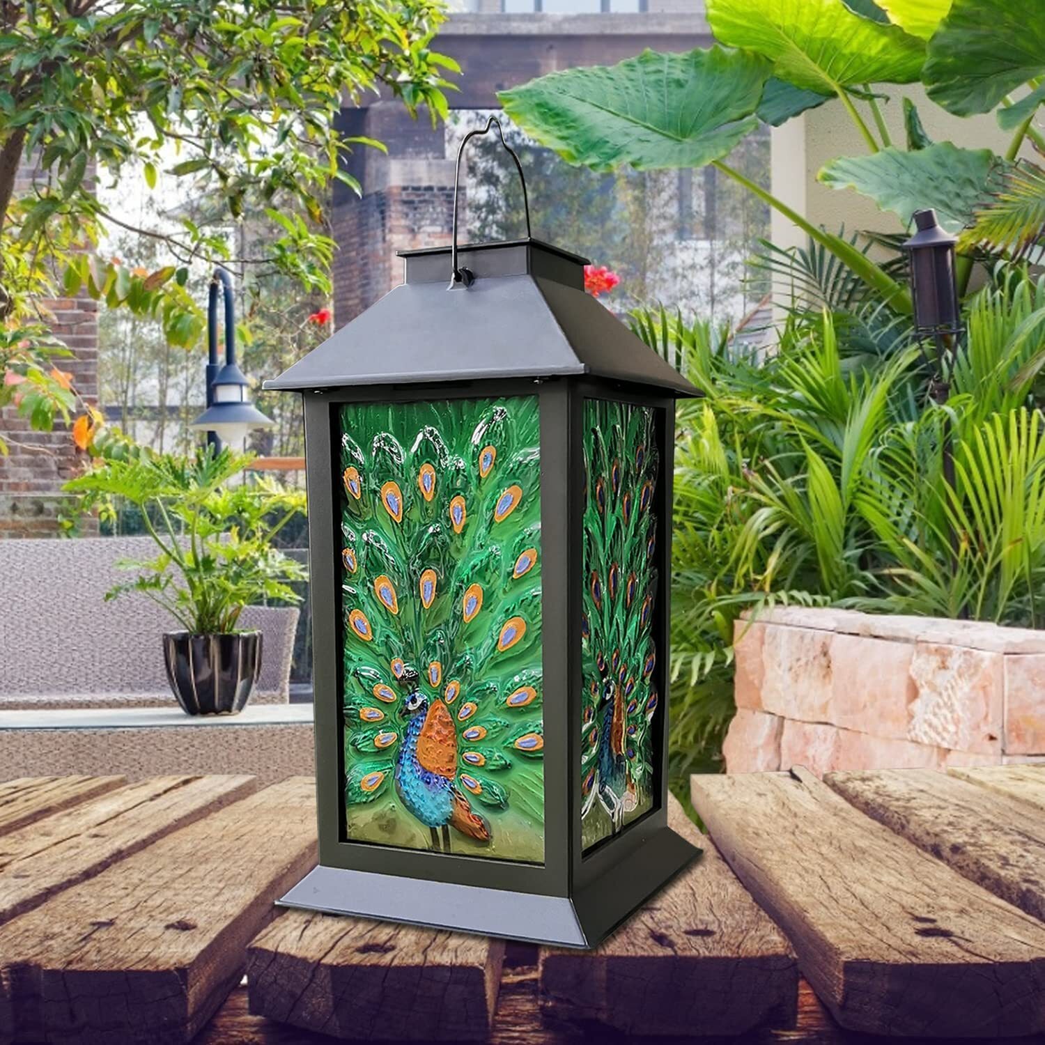 Lantern Style Solar Peacock Lamp
